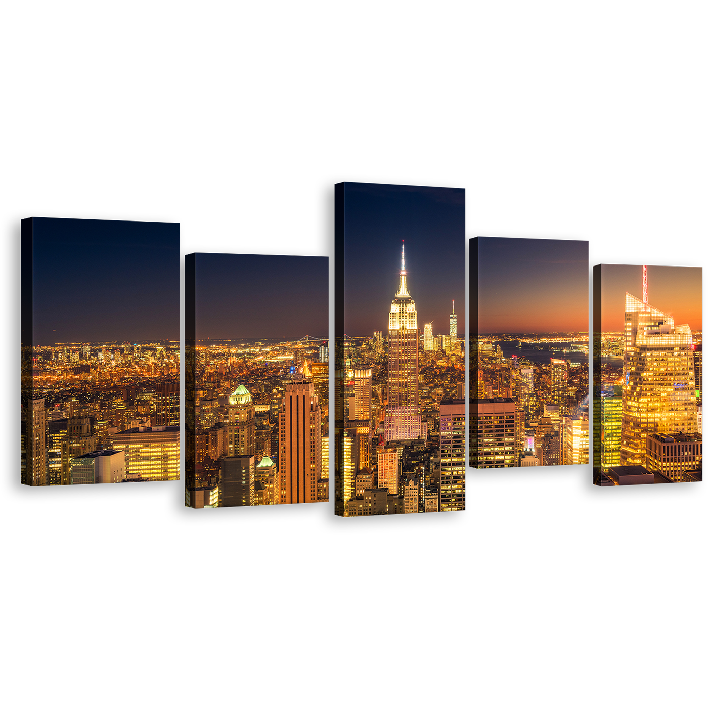 Midtown Manhattan Canvas Wall Art, Orange Sky NYC Cityscape Multi Canvas, New York Empire State Building 5 Piece Canvas Print, Yellow Manhattan City Lights Split Canvas