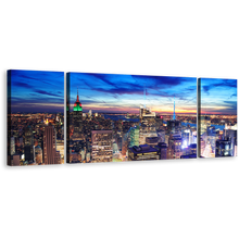 Load image into Gallery viewer, Midtown Manhattan Canvas Wall Art, Yellow New York City Lights Canvas Set, Blue Sky Cityscape Canvas Print, NYC Skyline Aerial View 3 Piece Canvas
