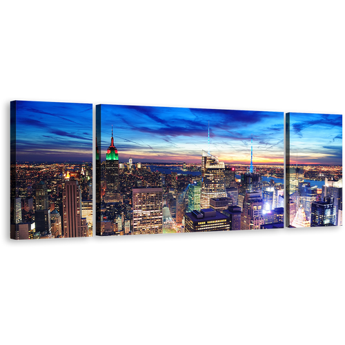 Midtown Manhattan Canvas Wall Art, Yellow New York City Lights Canvas Set, Blue Sky Cityscape Canvas Print, NYC Skyline Aerial View 3 Piece Canvas