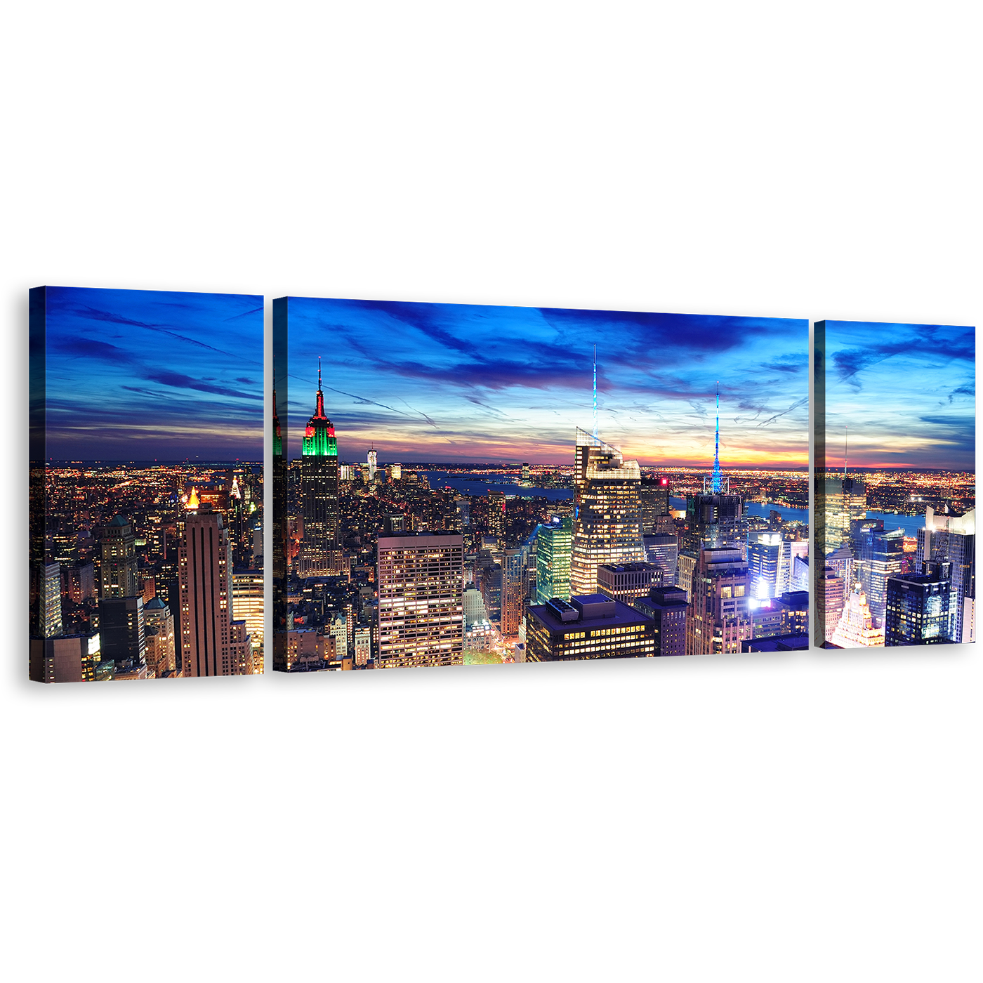 Midtown Manhattan Canvas Wall Art, Yellow New York City Lights Canvas Set, Blue Sky Cityscape Canvas Print, NYC Skyline Aerial View 3 Piece Canvas