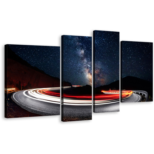 Milky Way Canvas Wall Art, Cars Red Bright Light Trails Canvas Print, Dark Blue Night Sky Mountains 4 Piece Canvas