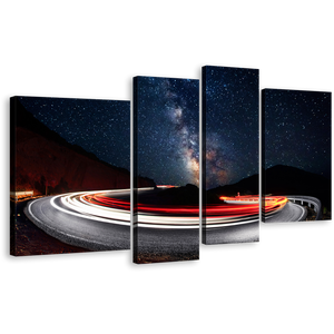 Milky Way Canvas Wall Art, Cars Red Bright Light Trails Canvas Print, Dark Blue Night Sky Mountains 4 Piece Canvas
