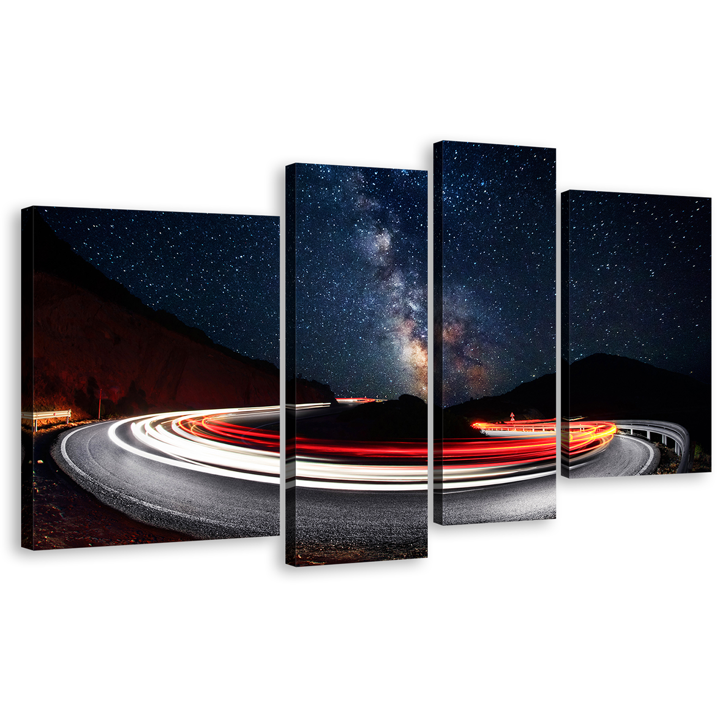 Milky Way Canvas Wall Art, Cars Red Bright Light Trails Canvas Print, Dark Blue Night Sky Mountains 4 Piece Canvas