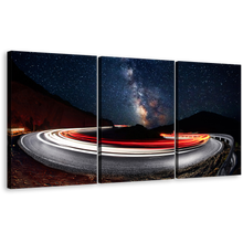 Load image into Gallery viewer, Milky Way Canvas Wall Art, Dark Blue Night Sky Mountains 3 Piece Multi Canvas Artwork, Cars Red Bright Light Trails Triptych Canvas Print
