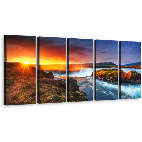 Milky Way Canvas Wall Art, North Iceland Yellow Sky Sunrise 5 Piece Canvas, White Hodafoss Waterfall Canvas Print