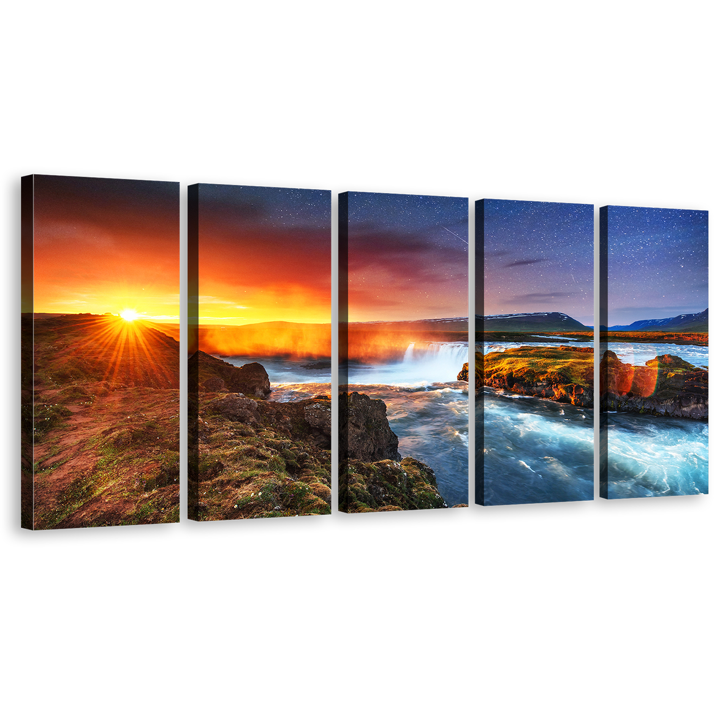 Milky Way Canvas Wall Art, North Iceland Yellow Sky Sunrise 5 Piece Canvas, White Hodafoss Waterfall Canvas Print