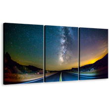 Load image into Gallery viewer, Milky Way Wall Art, Blue Road Scenery Triptych Multiple Canvas, Yellow Sunset Stary Sky Canvas Print
