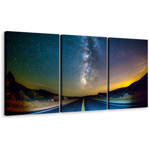 Milky Way Wall Art, Blue Road Scenery Triptych Multiple Canvas, Yellow Sunset Stary Sky Canvas Print