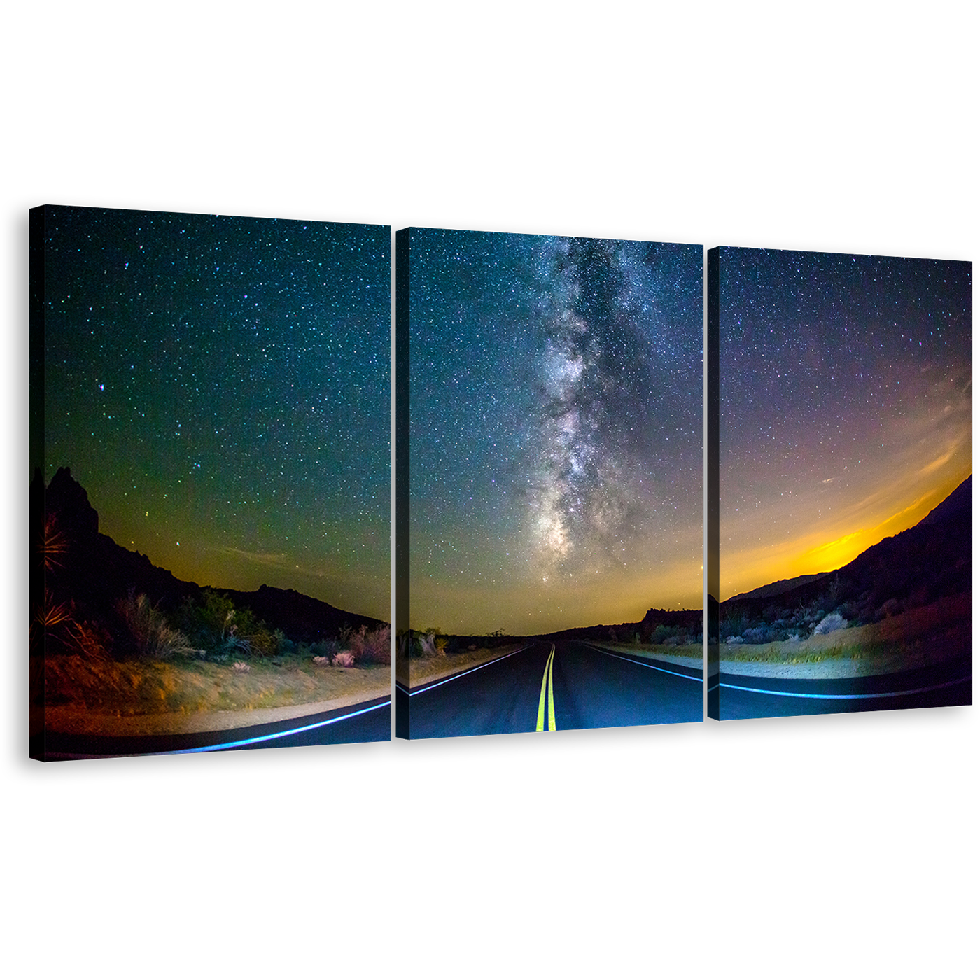 Milky Way Wall Art, Blue Road Scenery Triptych Multiple Canvas, Yellow Sunset Stary Sky Canvas Print