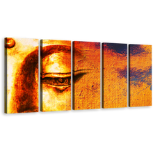 Load image into Gallery viewer, Mind Soul Canvas Print, Yellow Buddha Close Up 5 Piece Canvas Wall Art, Golden Buddha Face Multi Canvas Artwork
