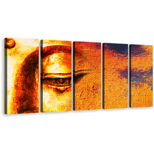 Mind Soul Canvas Print, Yellow Buddha Close Up 5 Piece Canvas Wall Art, Golden Buddha Face Multi Canvas Artwork