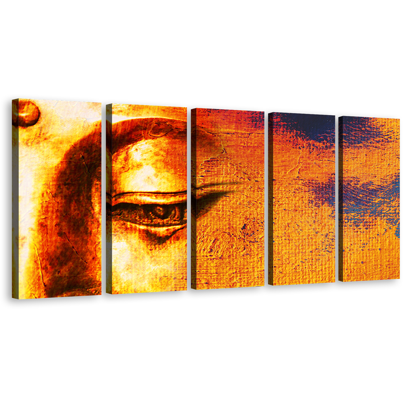 Mind Soul Canvas Print, Yellow Buddha Close Up 5 Piece Canvas Wall Art, Golden Buddha Face Multi Canvas Artwork