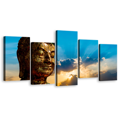 Mind Soul Canvas Wall Art, Brown Buddha Multi Canvas Artwork, Buddha Statue 5 Piece Canvas Print