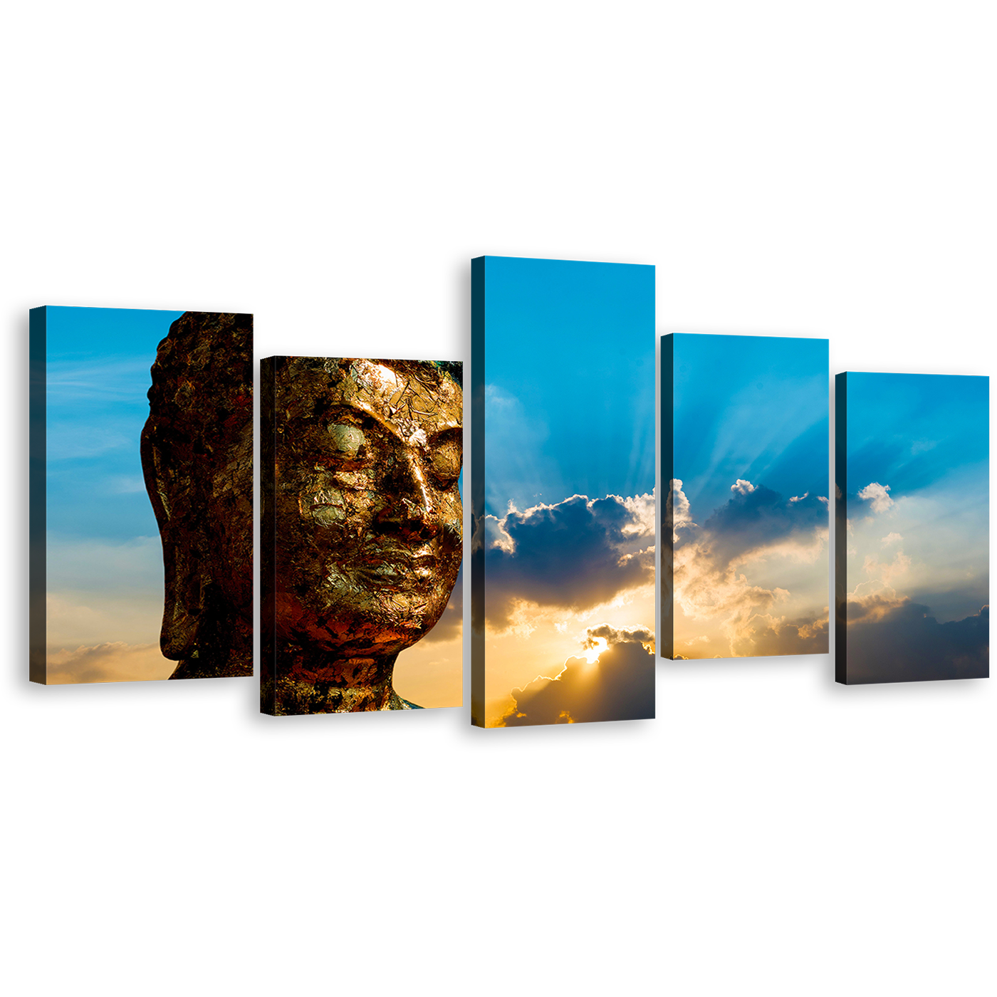 Mind Soul Canvas Wall Art, Brown Buddha Multi Canvas Artwork, Buddha Statue 5 Piece Canvas Print