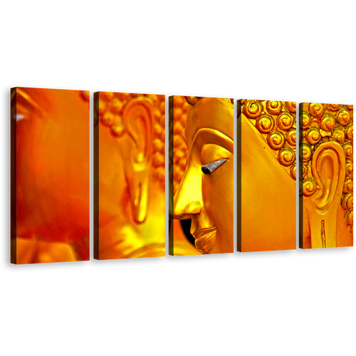 Mind Soul Canvas Wall Art, Gold Statue Close Up Multiple Canvas, Yellow Peaceful Buddha 5 Piece Canvas