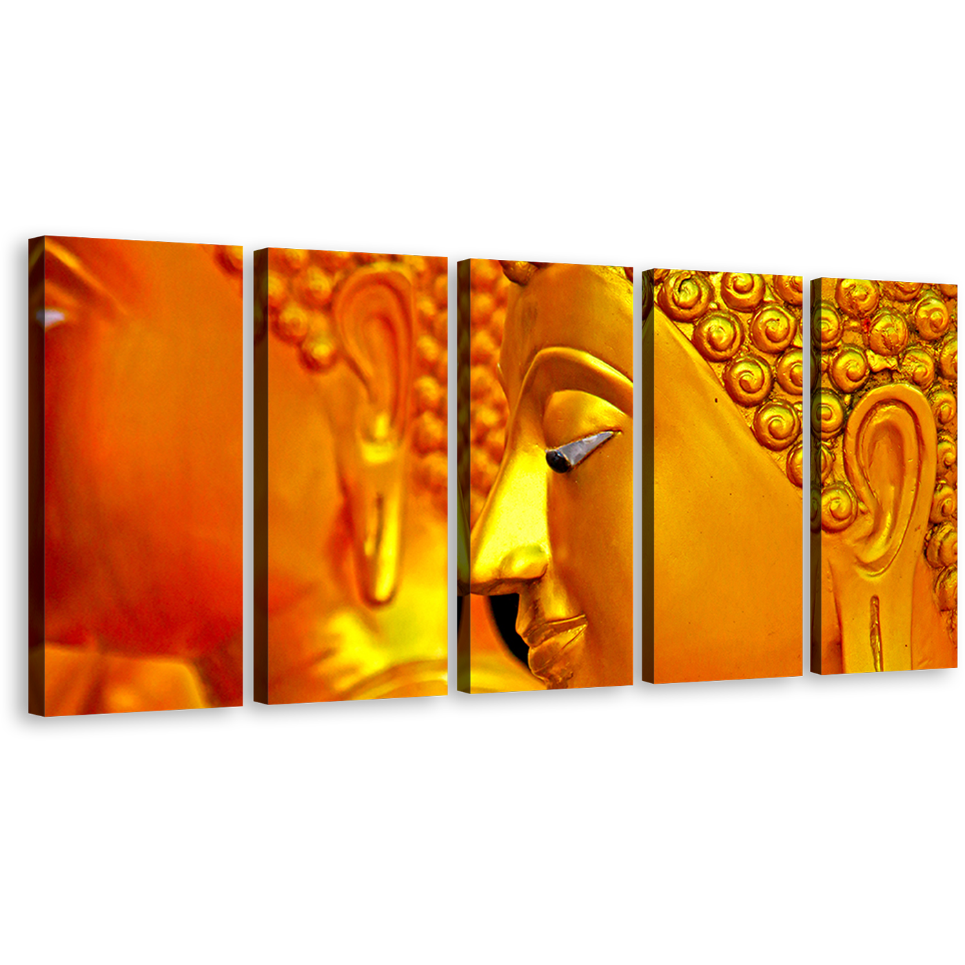 Mind Soul Canvas Wall Art, Gold Statue Close Up Multiple Canvas, Yellow Peaceful Buddha 5 Piece Canvas