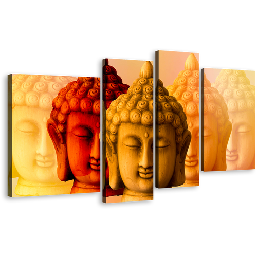 Mind Soul Canvas Wall Art, Meditation Buddha Shadows 4 Piece Canvas Set, Yellow Red Buddha Faces Canvas Print