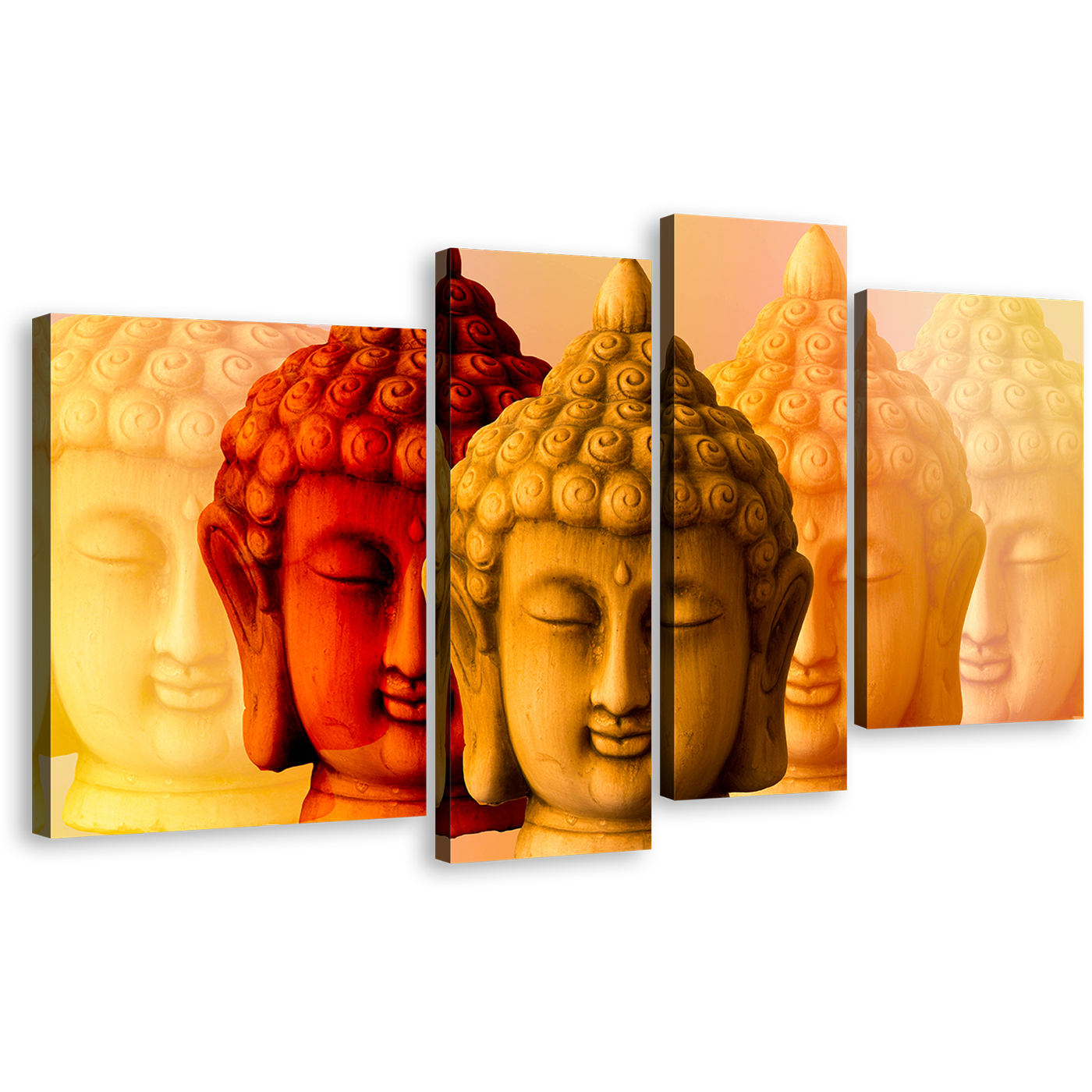 Mind Soul Canvas Wall Art, Meditation Buddha Shadows 4 Piece Canvas Set, Yellow Red Buddha Faces Canvas Print