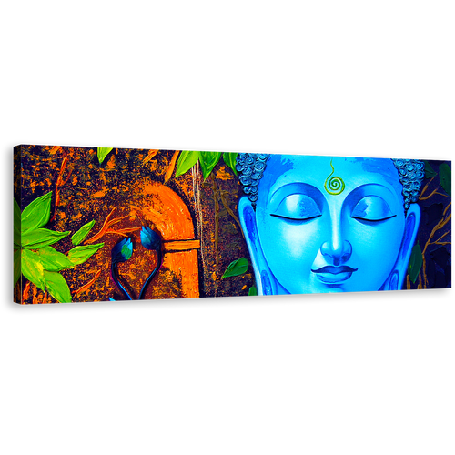 Mind Soul Canvas Wall Art, Peaceful Buddha Meditation Canvas Panoramic Canvas Artwork, Blue Buddha Face Canvas Print