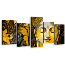 Load image into Gallery viewer, Mind Soul Canvas Wall Art, Yellow Buddha Face 5 Piece Canvas Print, Buddha Meditation Multiple Canvas
