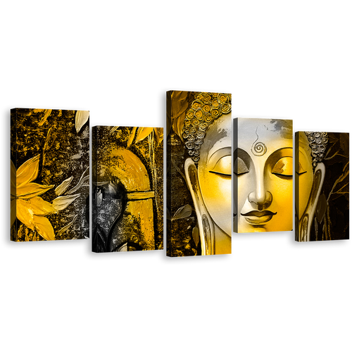 Mind Soul Canvas Wall Art, Yellow Buddha Face 5 Piece Canvas Print, Buddha Meditation Multiple Canvas