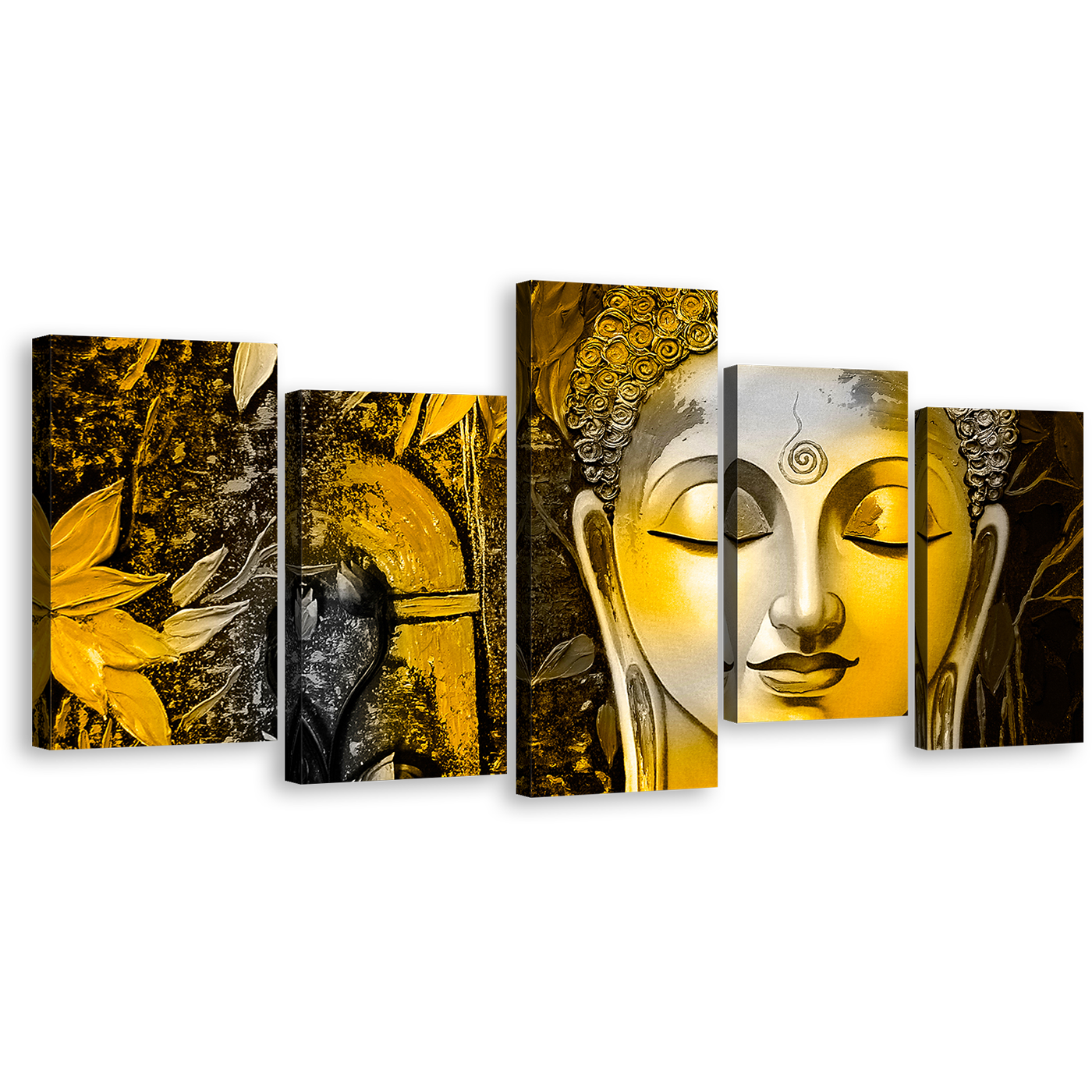 Mind Soul Canvas Wall Art, Yellow Buddha Face 5 Piece Canvas Print, Buddha Meditation Multiple Canvas