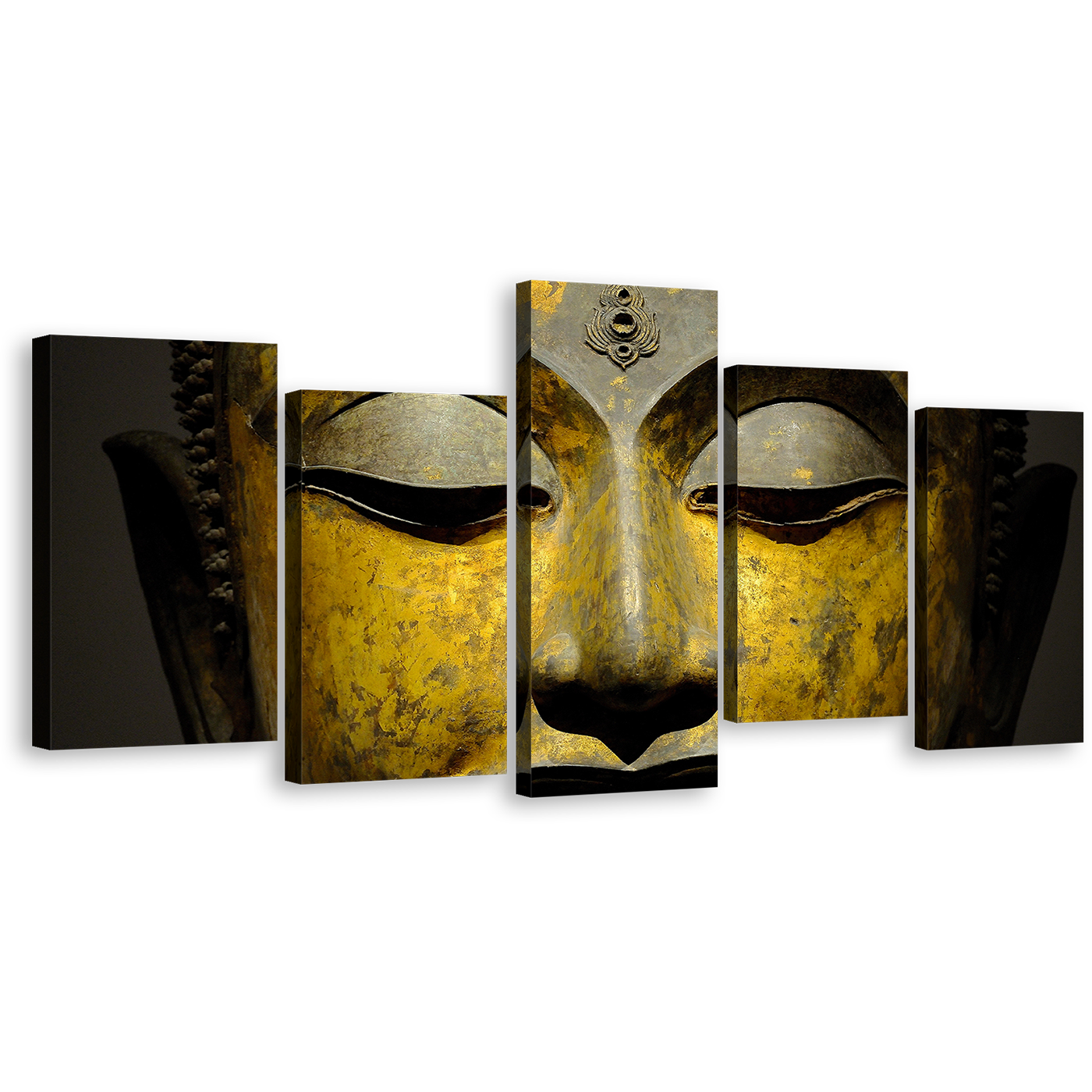 Mind Soul Canvas Wall Art, Yellow Grey Buddha Face 5 Piece Canvas Print, Buddha Meditation Canvas Set