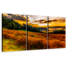 Load image into Gallery viewer, Misty Landscape Canvas Print, Green Trees Rural Landscape Multi Canvas, Yellow Sky Clouds Scenery Horizon 3 Piece Wall Art
