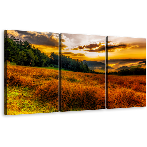 Misty Landscape Canvas Print, Green Trees Rural Landscape Multi Canvas, Yellow Sky Clouds Scenery Horizon 3 Piece Wall Art