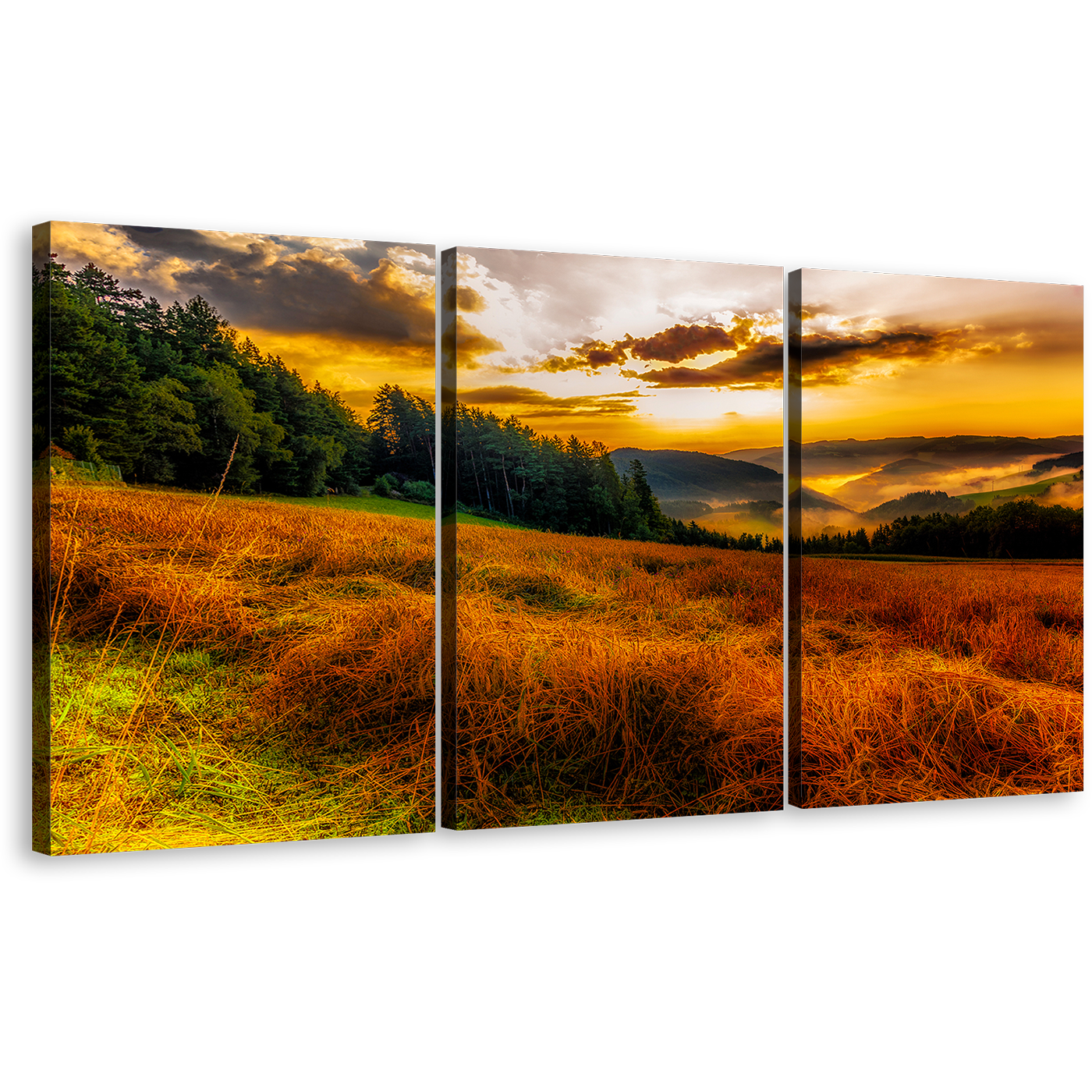 Misty Landscape Canvas Print, Green Trees Rural Landscape Multi Canvas, Yellow Sky Clouds Scenery Horizon 3 Piece Wall Art