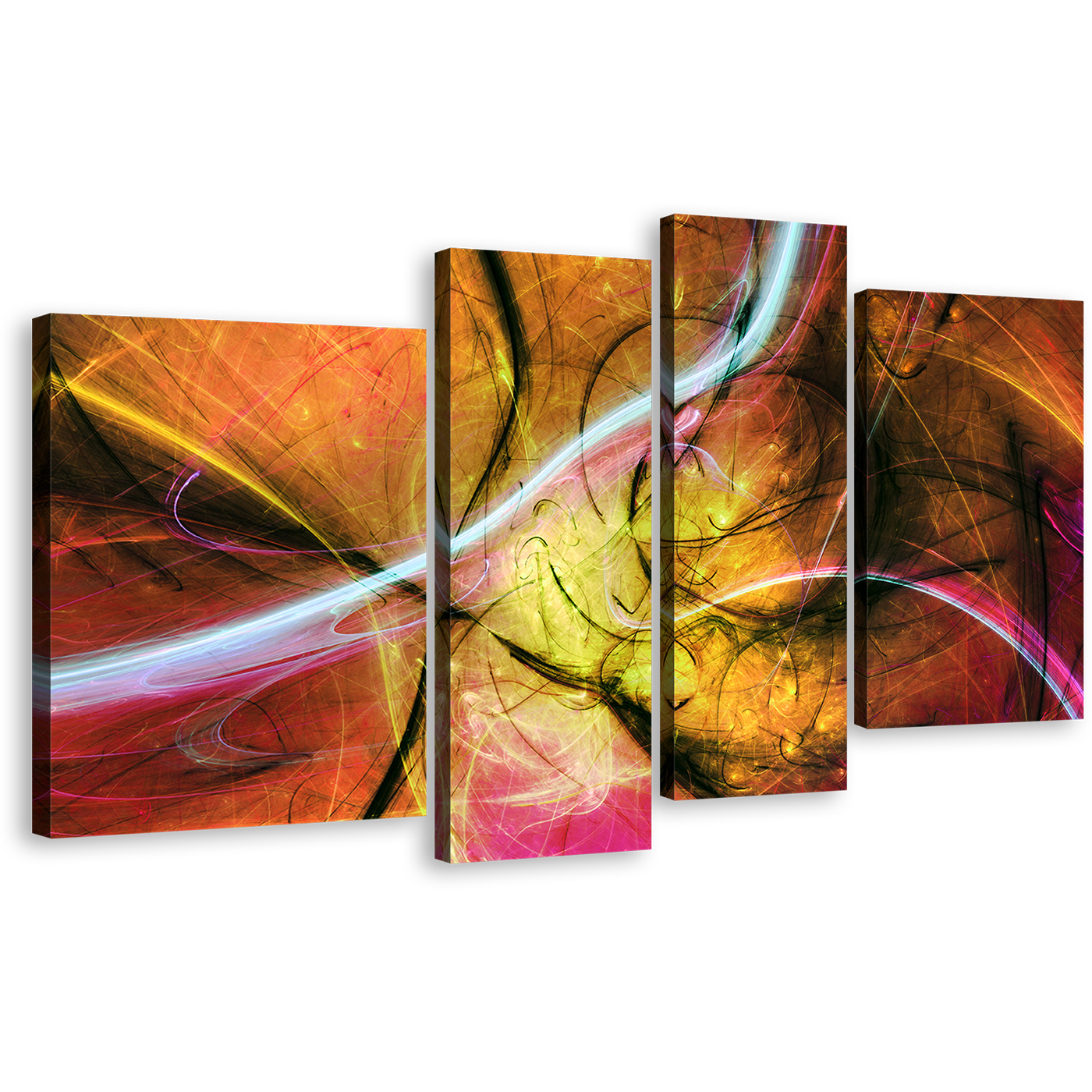 Modern Abstract Canvas Print, Abstract Bright Fractal Canvas Wall Art, Colorful Abstract Electric Fractal 4 Piece Multiple Canvas