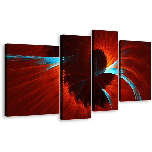 Modern Abstract Canvas Print, Blue Abstract Fractal 4 Piece Canvas Wall Art, Red Elegant Abstract Digital Artwork Canvas Set