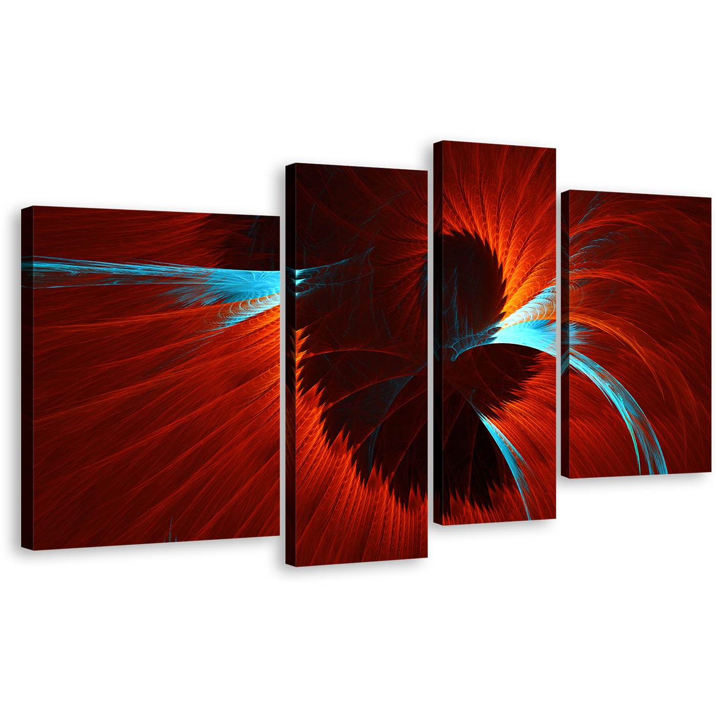 Modern Abstract Canvas Print, Blue Abstract Fractal 4 Piece Canvas Wall Art, Red Elegant Abstract Digital Artwork Canvas Set