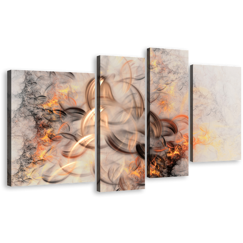 Modern Abstract Canvas Print, Orange Elegant Abstract 4 Piece Canvas Wall Art, Beautiful Fractal Abstract Multi Canvas