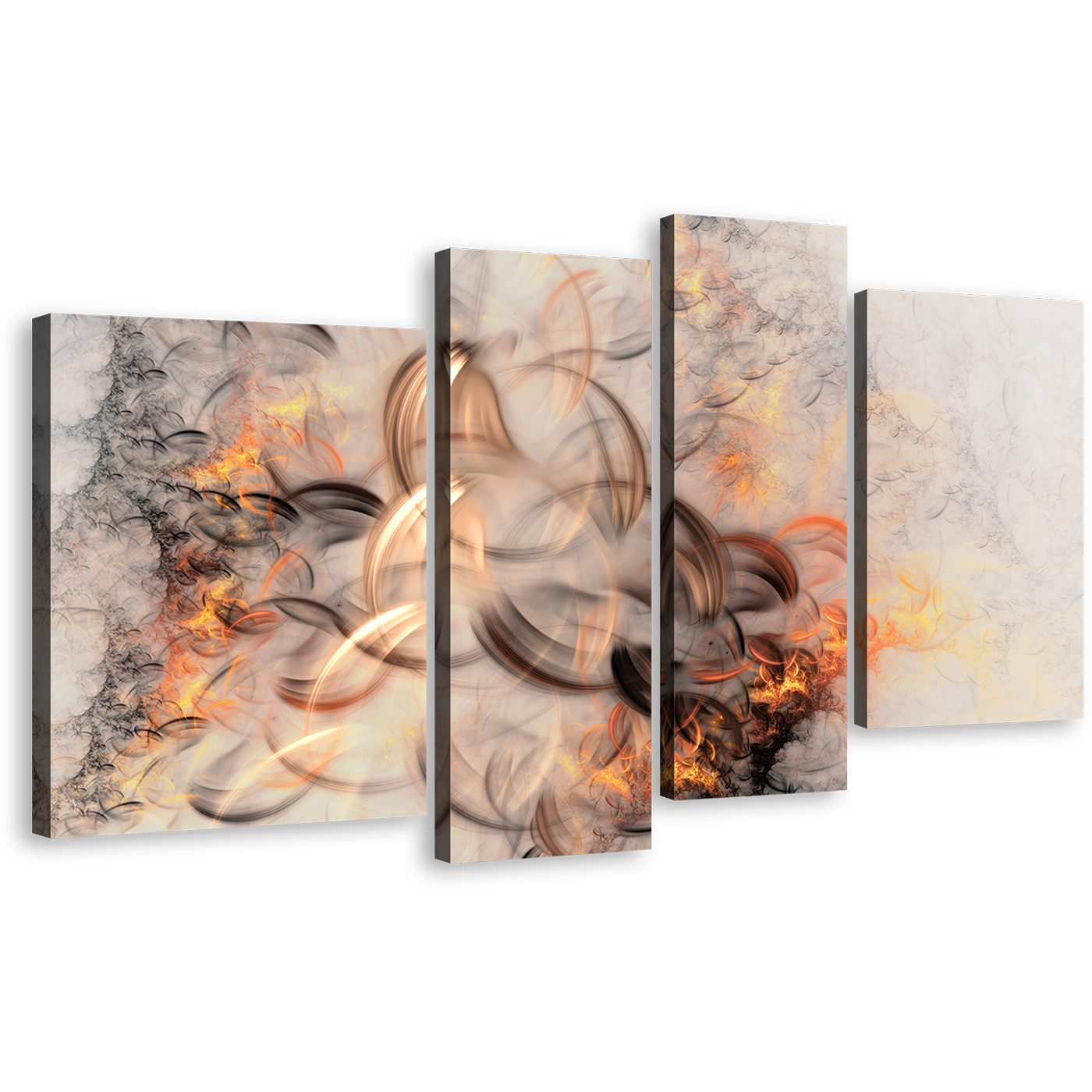 Modern Abstract Canvas Print, Orange Elegant Abstract 4 Piece Canvas Wall Art, Beautiful Fractal Abstract Multi Canvas