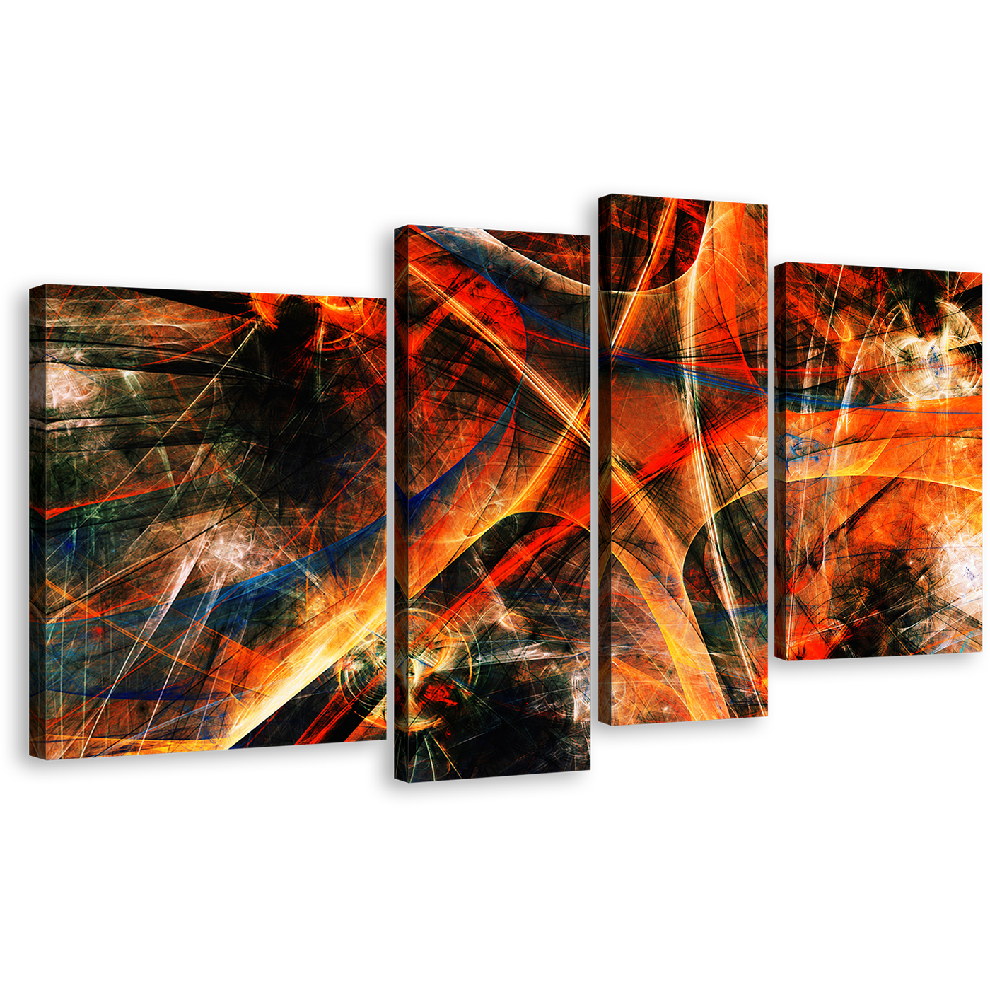 Modern Abstract Canvas Print, Orange Fractal Abstraction Canvas Set, Black Fractal Graphics 4 Piece Canvas Wall Art