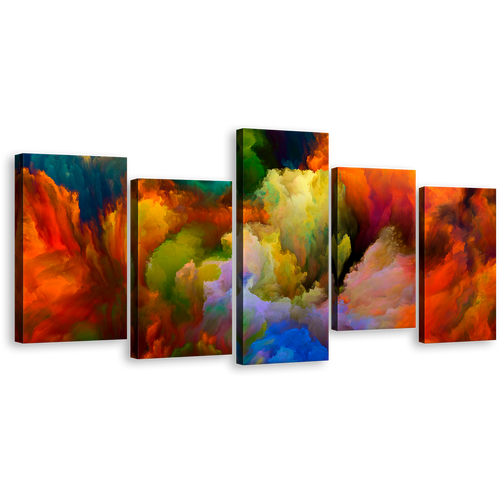 Modern Abstract Canvas Wall Art, Abstract Colorful Clouds Canvas Set, Green Abstract Art Print, Abstract Fractal 5 Piece Multi Canvas