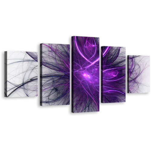 Modern Abstract Canvas Wall Art, Abstract Energy 5 Piece Multi Canvas Artwork, Blue Purple Abstract Fractal Circle Canvas Print