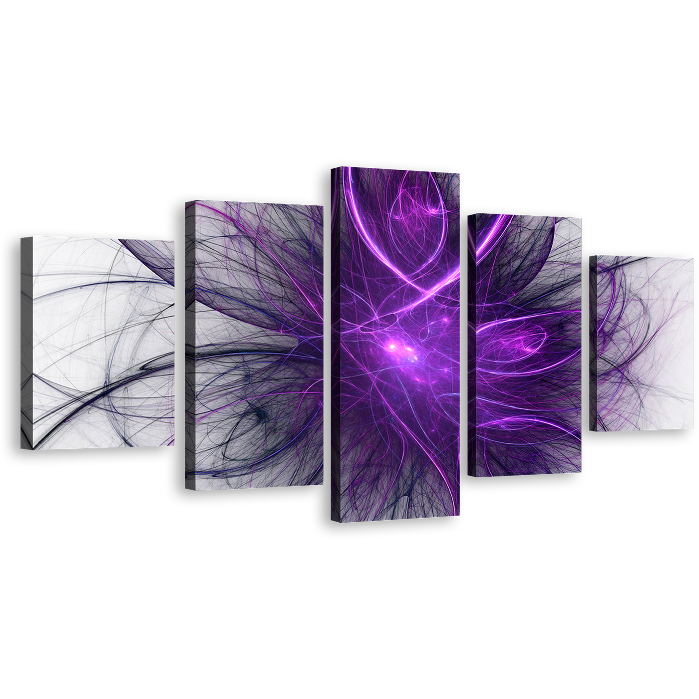 Modern Abstract Canvas Wall Art, Abstract Energy 5 Piece Multi Canvas Artwork, Blue Purple Abstract Fractal Circle Canvas Print