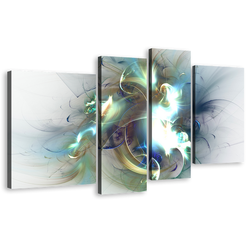 Modern Abstract Canvas Wall Art, Abstract Fractal Artwork Print, White Green Abstract Fractal Glow 4 Piece Canvas