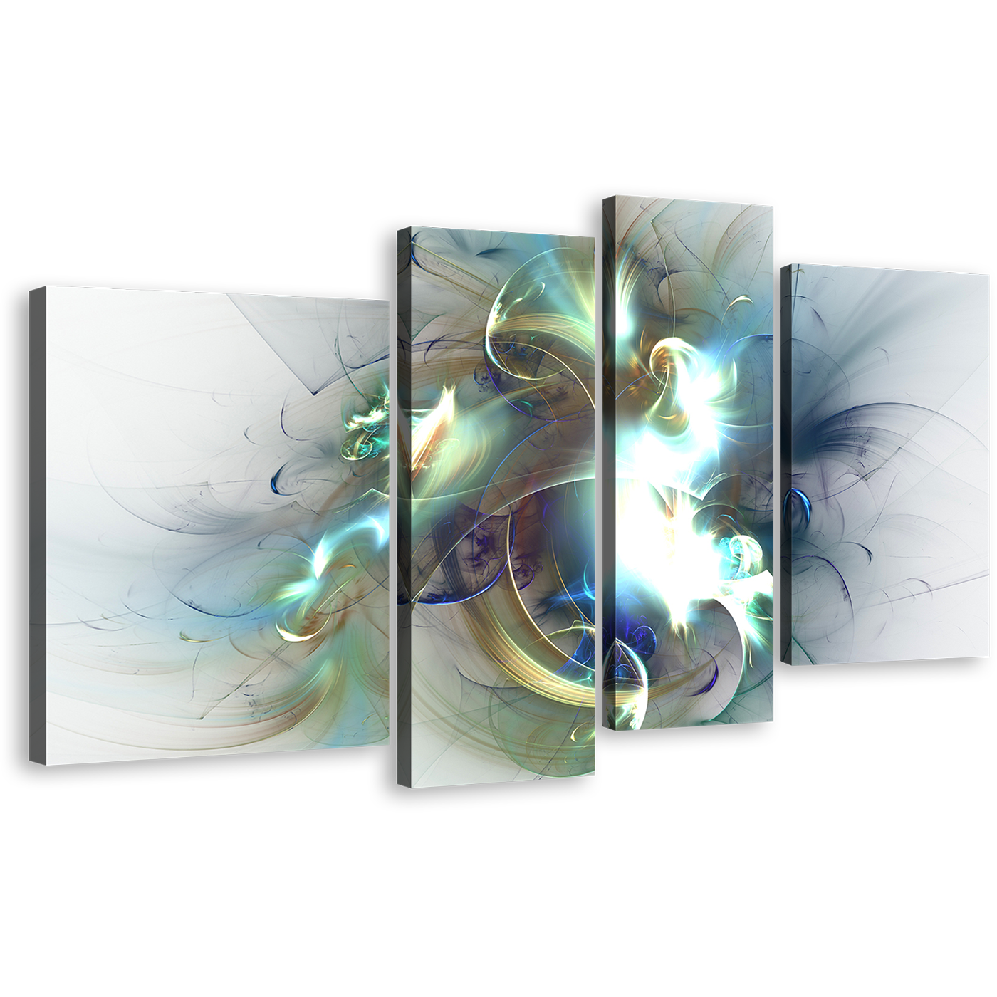 Modern Abstract Canvas Wall Art, Abstract Fractal Artwork Print, White Green Abstract Fractal Glow 4 Piece Canvas