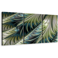 Load image into Gallery viewer, Modern Abstract Canvas Wall Art, Abstract Fractal Element 3 Piece Canvas Print, Blue Green Abstract Digital Pattern Triptych Canvas Set
