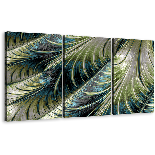 Modern Abstract Canvas Wall Art, Abstract Fractal Element 3 Piece Canvas Print, Blue Green Abstract Digital Pattern Triptych Canvas Set