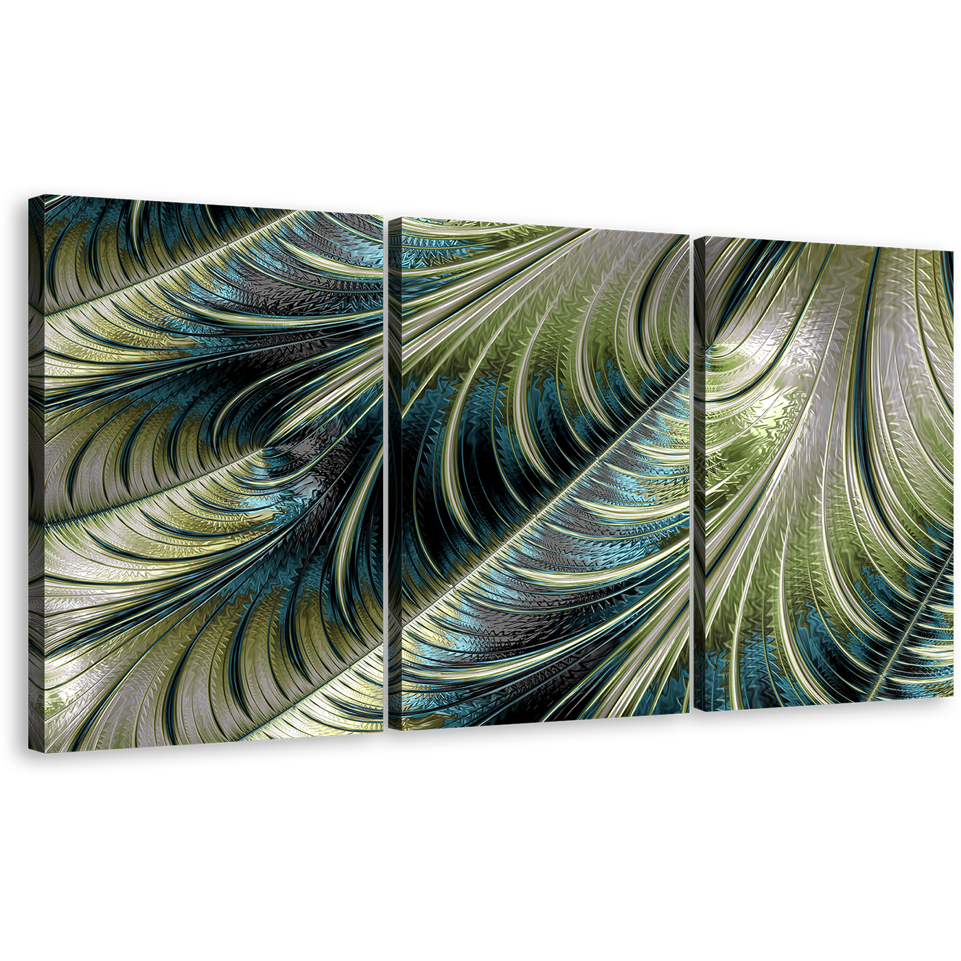 Modern Abstract Canvas Wall Art, Abstract Fractal Element 3 Piece Canvas Print, Blue Green Abstract Digital Pattern Triptych Canvas Set