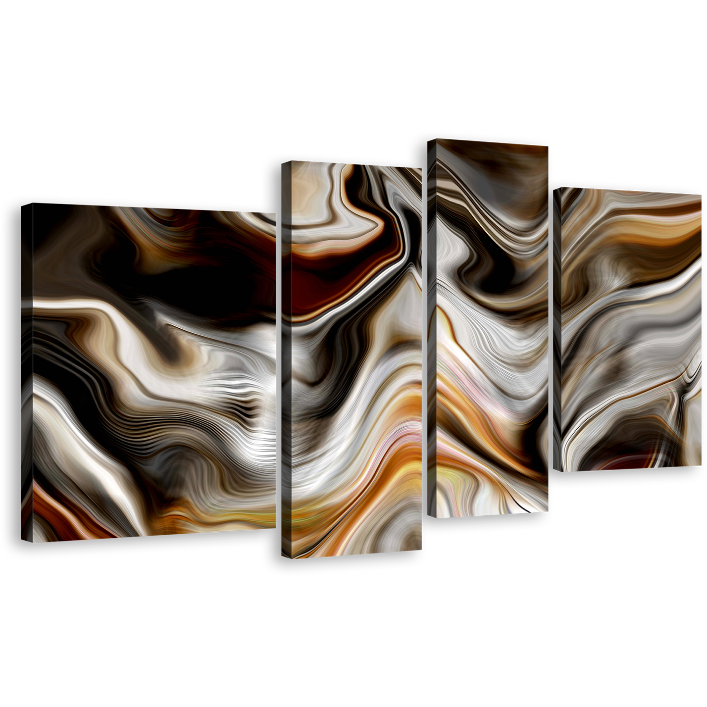 Modern Abstract Canvas Wall Art, Abstract Marble Stone 4 Piece Canvas Print, Golden Black Abstract Marble Multi Canvas Artwork