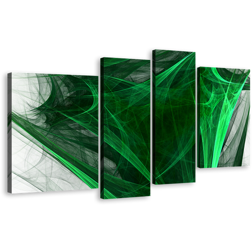 Modern Abstract Canvas Wall Art, Black Abstract Canvas Print, Green Fractal Abstract Design 4 Piece Multiple Canvas