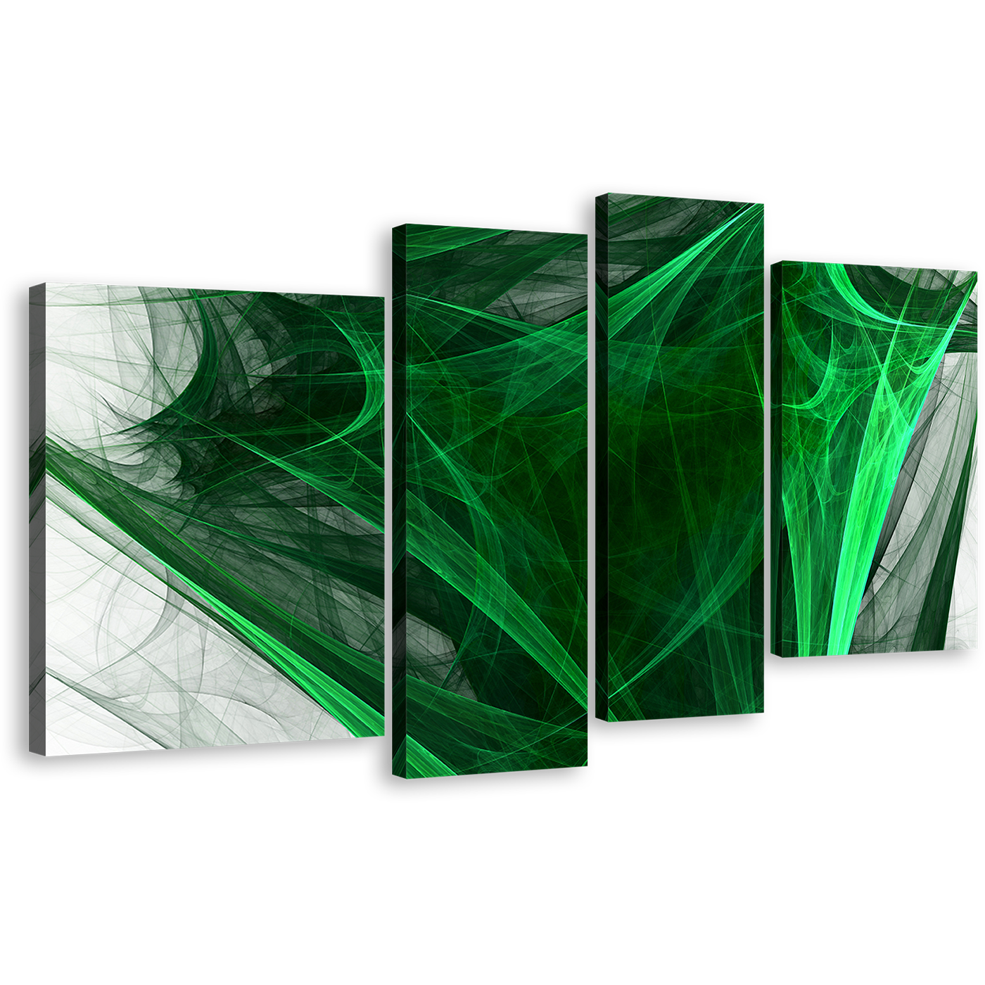 Modern Abstract Canvas Wall Art, Black Abstract Canvas Print, Green Fractal Abstract Design 4 Piece Multiple Canvas