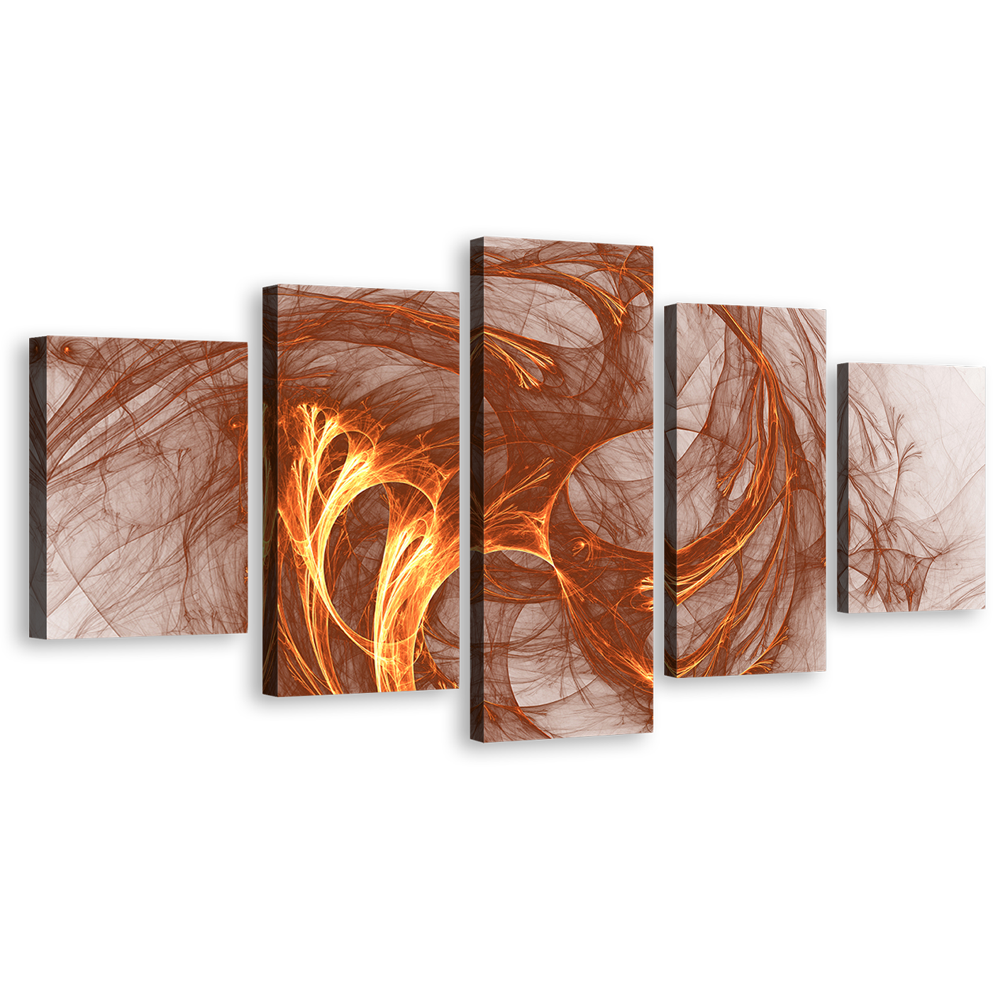 Modern Abstract Canvas Wall Art, Brown Elegant Abstract 5 Piece Multi Canvas, White Abstract Fractal Canvas Print