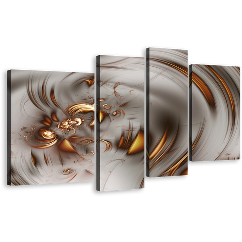 Modern Abstract Canvas Wall Art, Brown Grey Abstract Art Print, Elegant Abstract Fractal 4 Piece Canvas