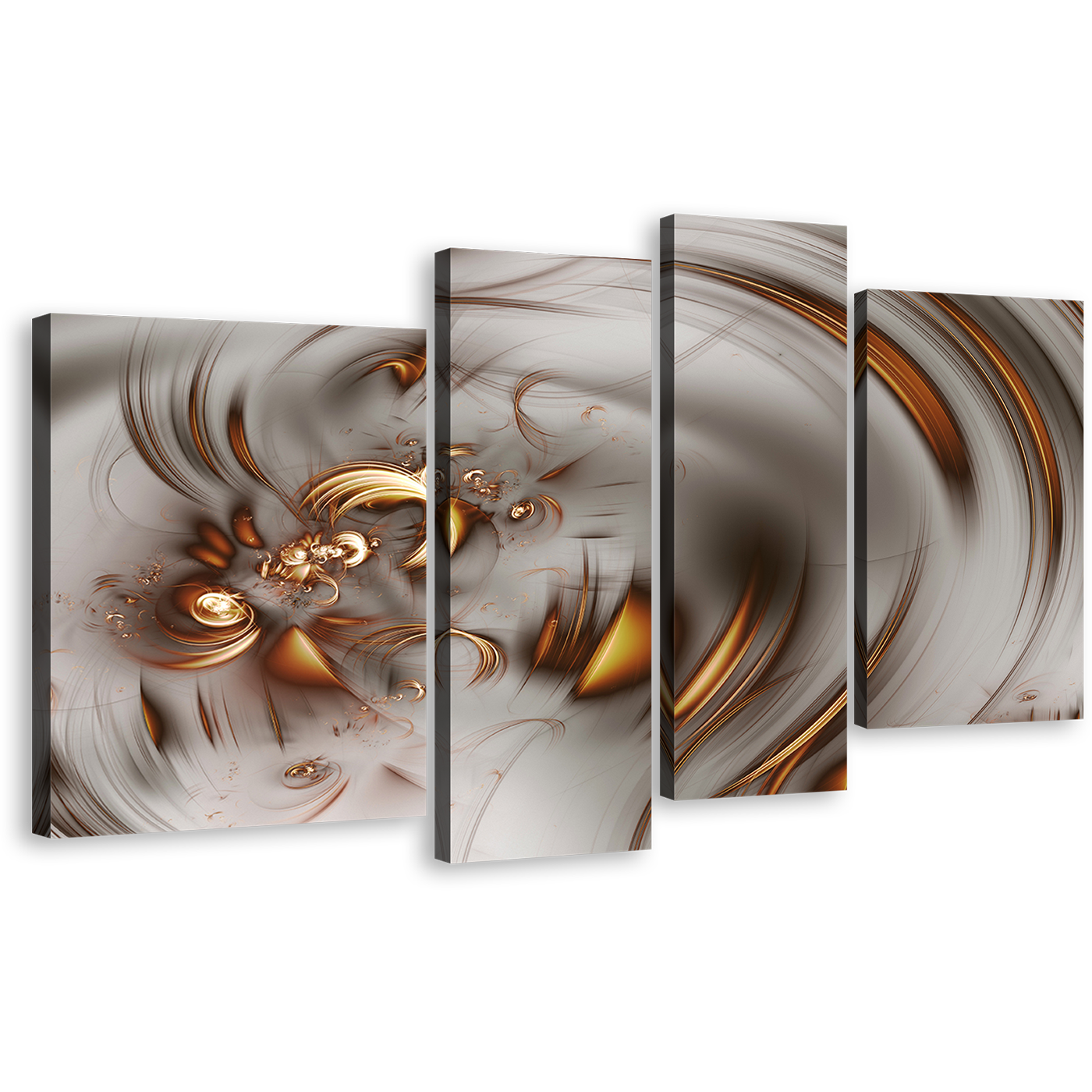 Modern Abstract Canvas Wall Art, Brown Grey Abstract Art Print, Elegant Abstract Fractal 4 Piece Canvas